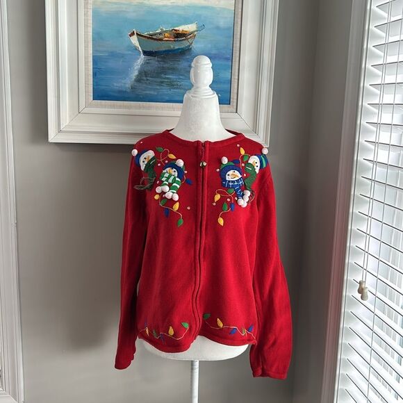 Vintage Tiera International Snowman Christmas Holiday Cardigan Sweater Large - Picture 1 of 12